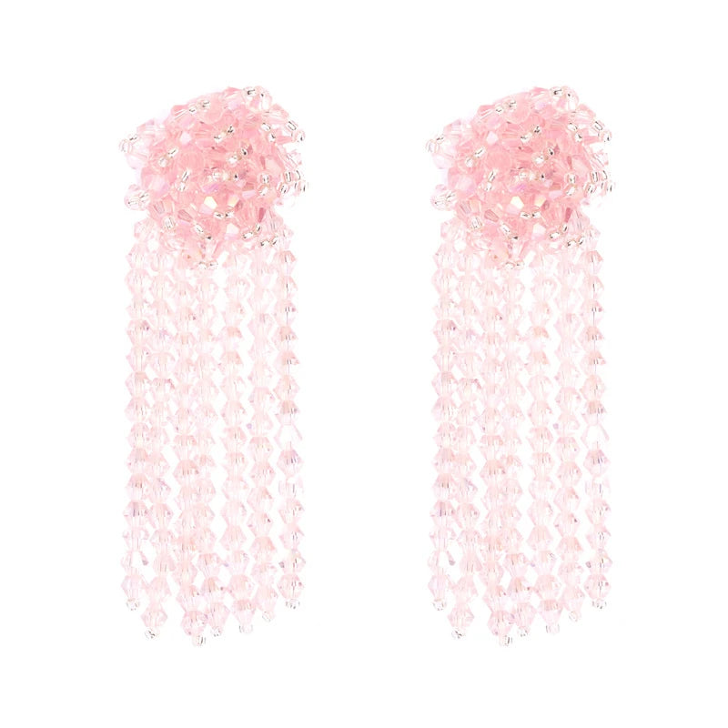 Handmade Jewelry Braided Shiny Pink White Rainbow Rhinestone Earrings With Tassel