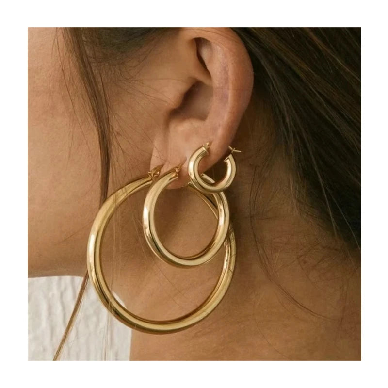 EManco 30/40/50MM 18K Gold Plated Trendy Exaggerated Round Hoop Earrings Stainless Steel Non-Tarnish Big Party Earrings