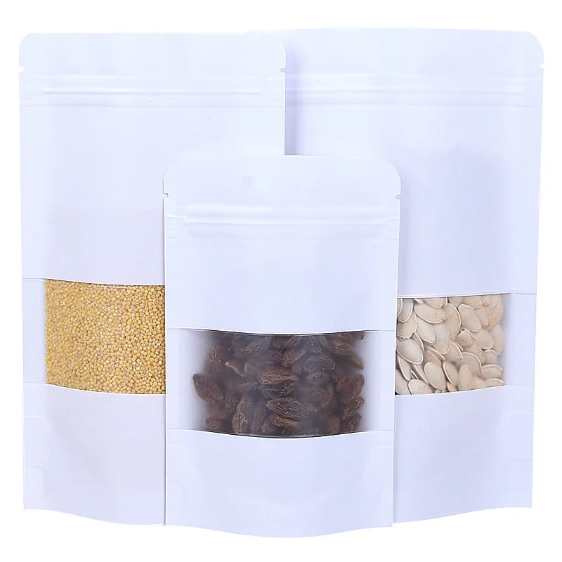White Stand up Metallized Kraft Paper Aluminum Foil Laminated Resealable Ziplock Food Packaging Pouches Bags