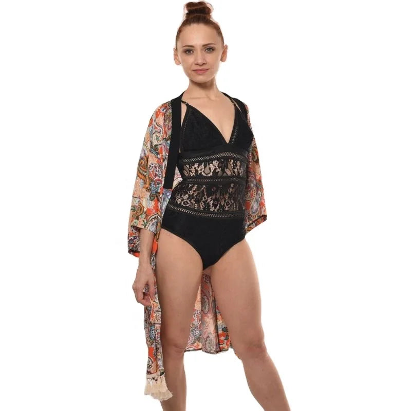 Women's Spandex/Polyester One-piece Brazilian Flower Printed Kimono Cover-Up for Beach Wear