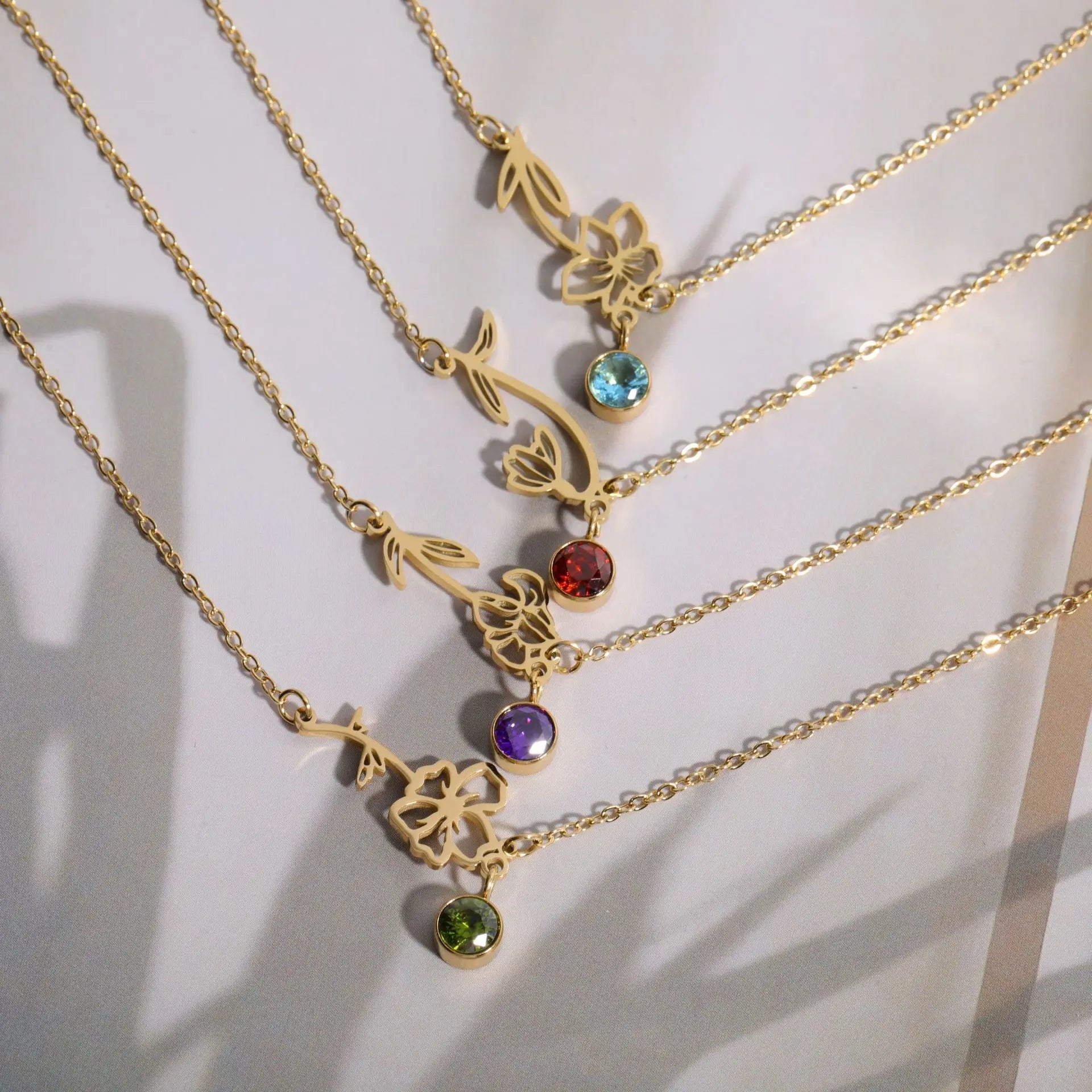 Stainless Steel Colorful Round Zircon Birthstone and Birth Flower Pendant Bracelets Gold Plated Birth Floral Charms Bracelet