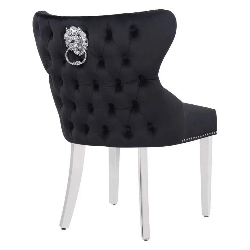 XINMOLL Wedding Chairs Black Velvet Lion Tufted Knockerback Dining Chair with Stainless Steel Chrome Silver Legs