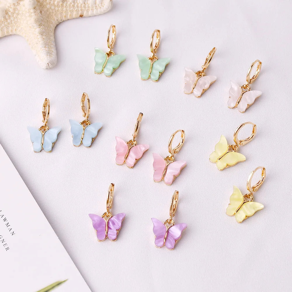 Boho butterfly Hoop Earrings Cute Korean Jewelry Girl Colorful Acrylic Insect Butterfly Dangle Earrings Necklaces for Women