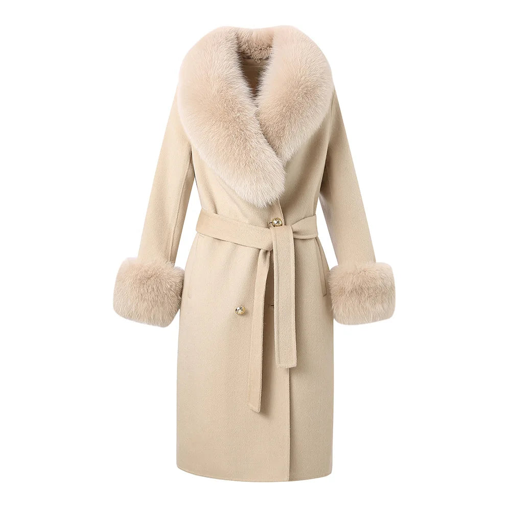 Winter Cashmere Woolen Trench Coat Women Long Wool Coat With Fox Fur Collar