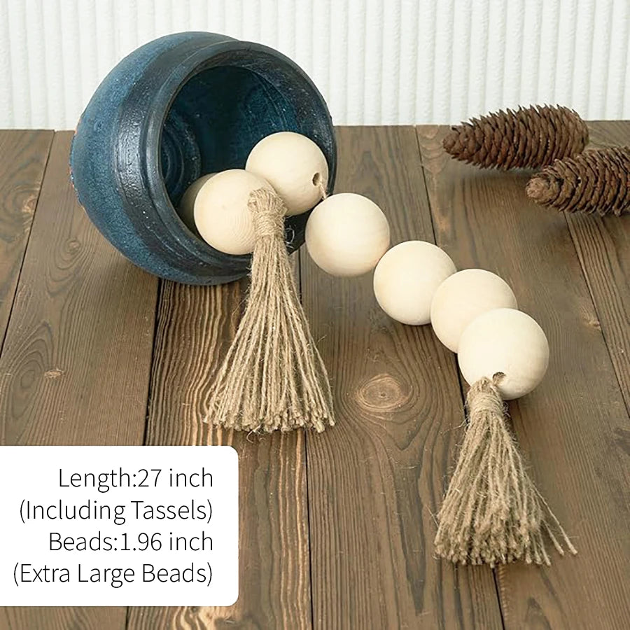 27in Extra Large Wood Bead Garland With 1.96" Diameter Wooden Beads Tassels