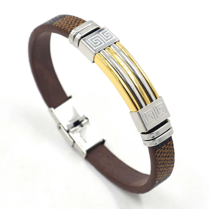 Trending Jewelry Geometry Brown Imitation Leather Double-color Stainless Steel Bracelet for Men