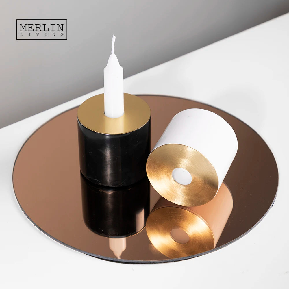 Merlin Living Luxury Aroma Diffuser Candlestick Nordic Marble Cylinder with Golden Metal Modern Home Decor Pillar Candle Holders