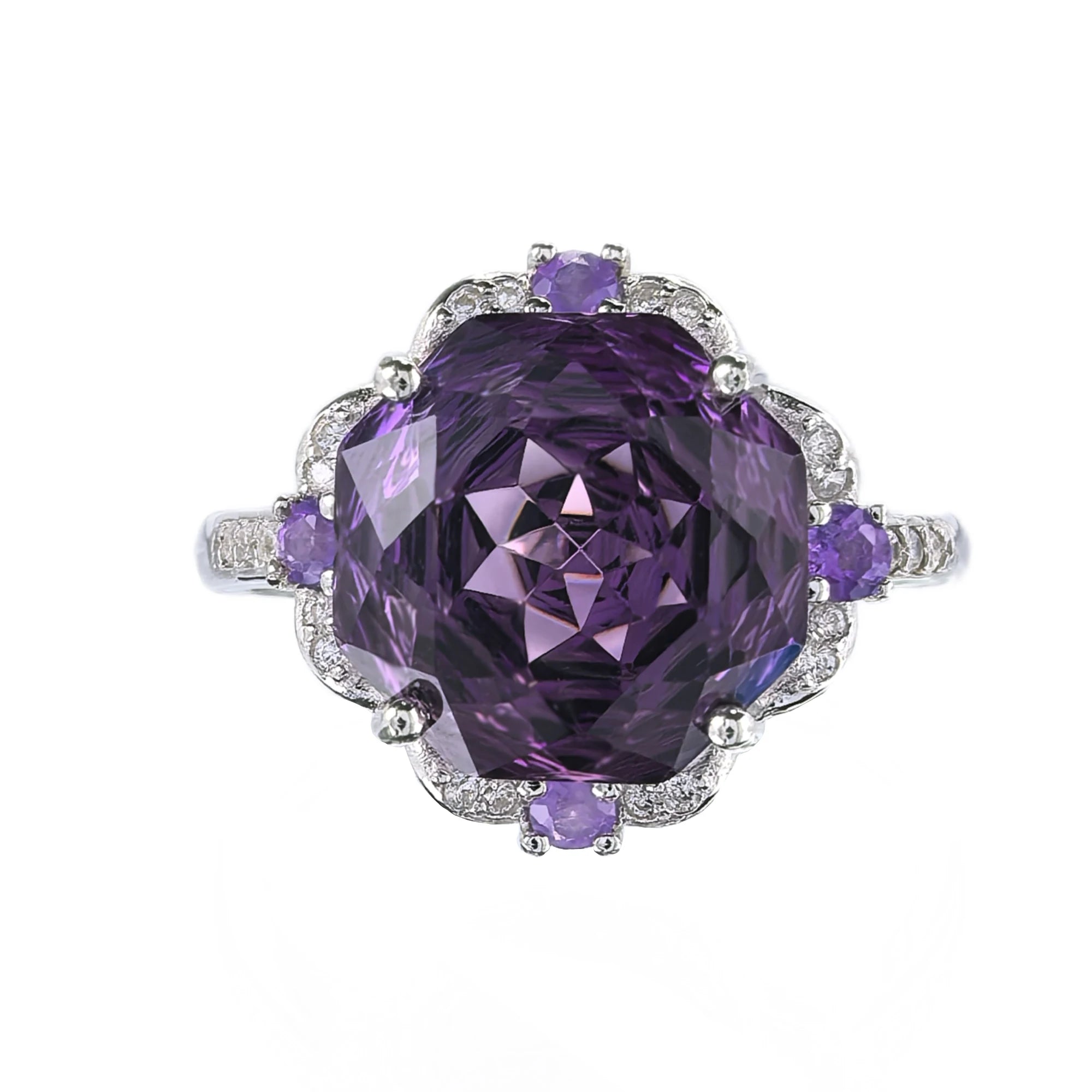 Noble Rhodium Plated Silver 925 Natural Amethyst Ring for Women Fine Jewelry Rings