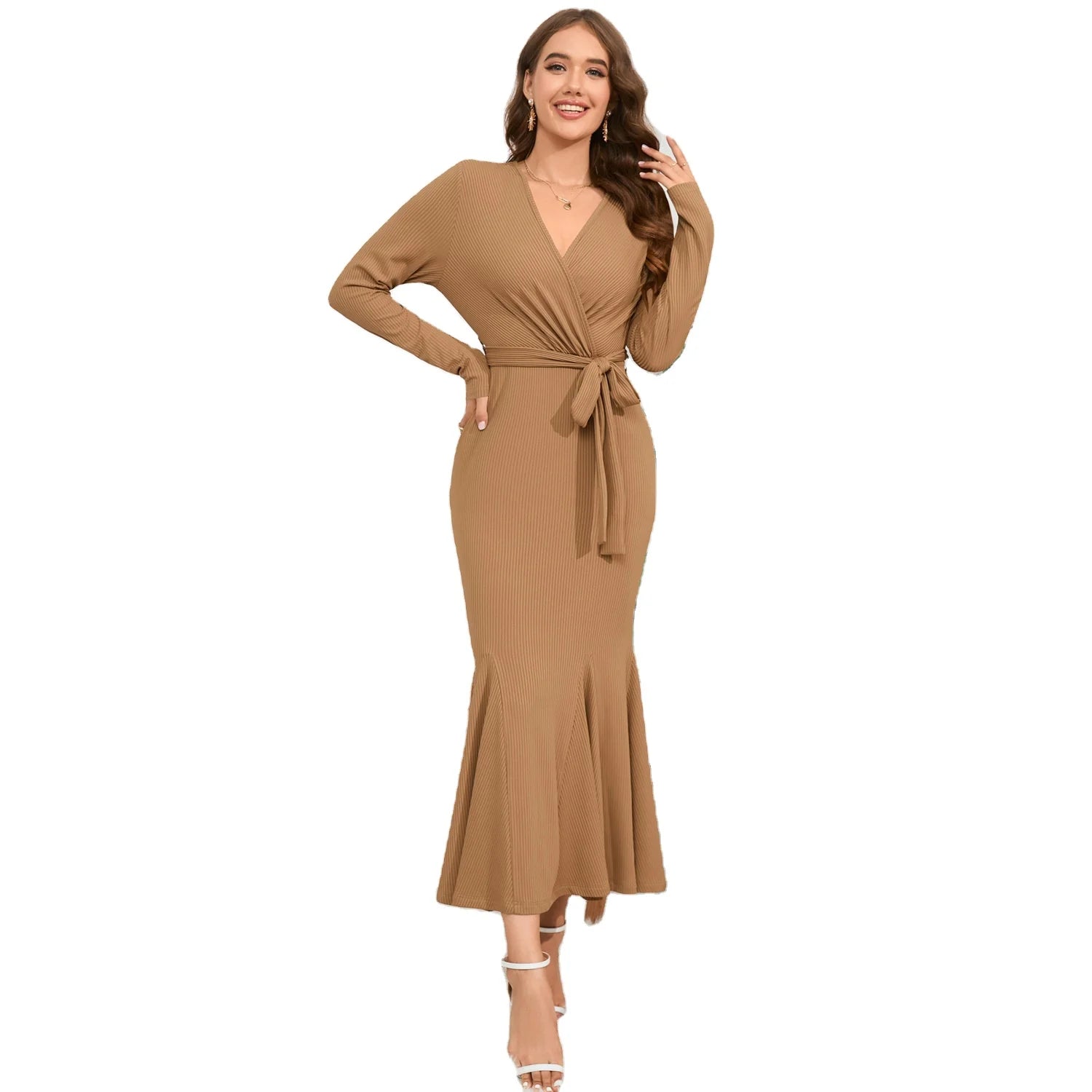 Popular Women's Large Size V-neck Long Sleeve Slim Fit Style Fishtail Knitted Long Dress