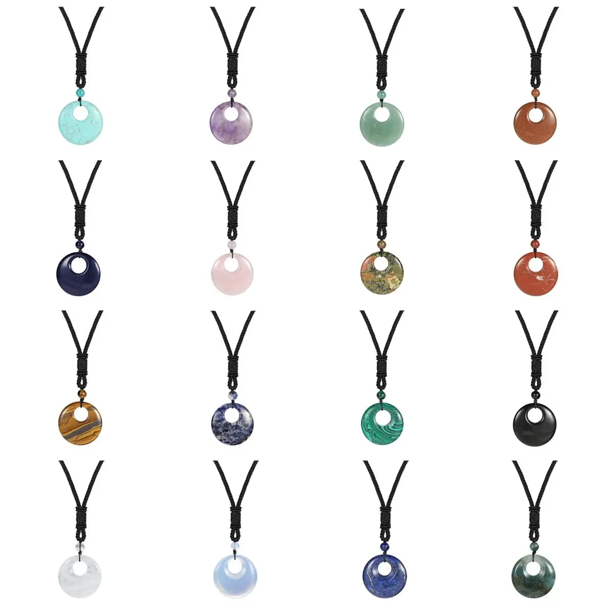Good Quality Wholesale 30MM Cion Shape Natural Gemstone Crystal Pendants Necklace With Hand Woven Nylon Black Rope Chain