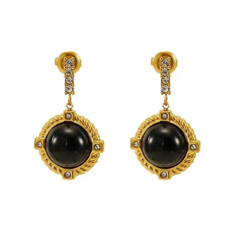 French Retro Obsidian 18K Gold Stainless Steel Earrings Jewelry for Women