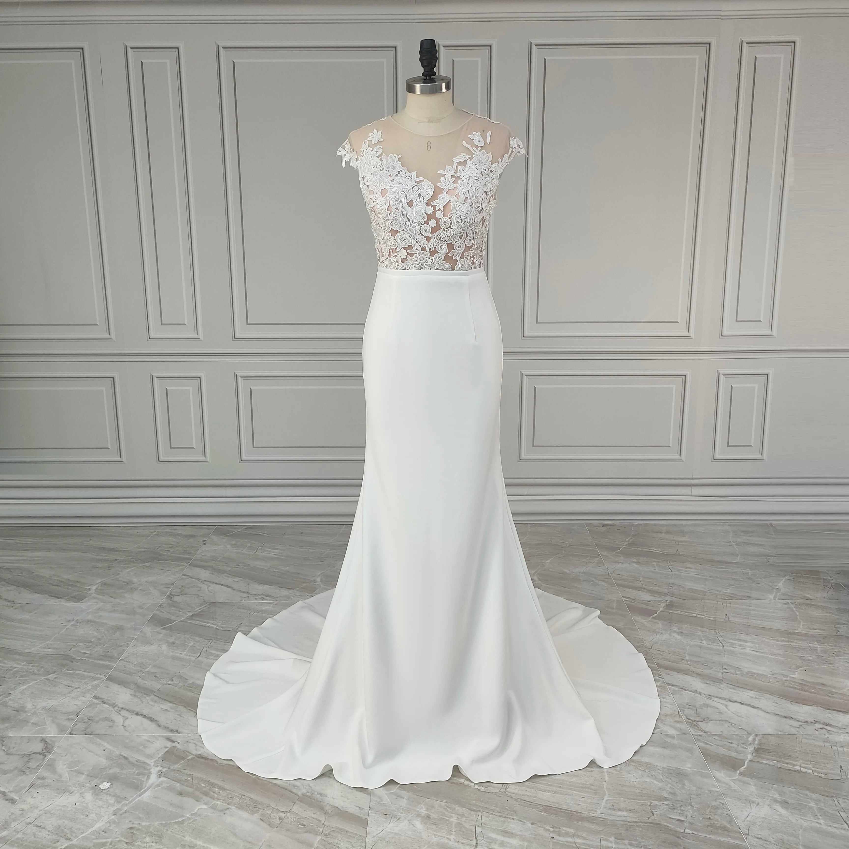 Real Photos Elegant Cap Sleeve Appliques A-line Lace Wedding Dress Gown for Woman Side Split Soft Chiffon Bride Gown for Wedding