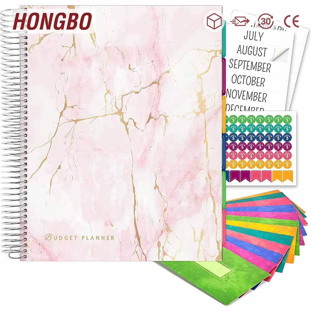 Large Size Single Metal Spiral Custom Logo Marble Design Budget Planner & Monthly Bill Organizer with 12 Envelopes and Pockets