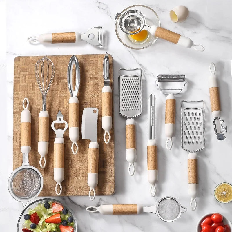 YJ Wonderful Custom 14 Pcs Stainless Steel Cooking Utensils Opener Grater Kitchen Gadget Set With Wood Handle