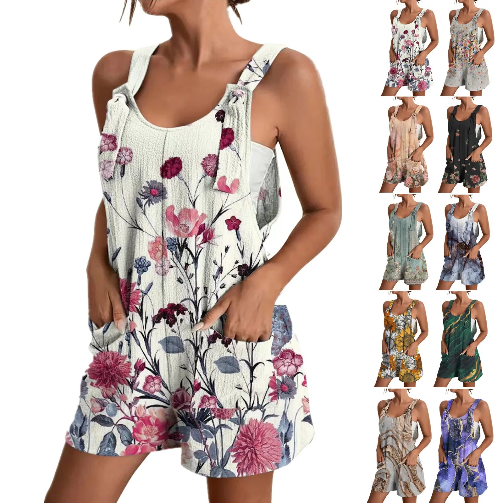 Summer Women European and American New Casual Positioning Print V-Neck Strap Pocket Jumpsuit