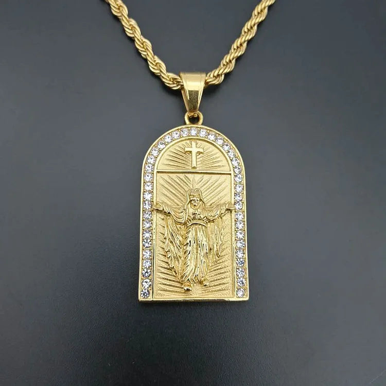 Duyizhao Stainless Steel Gold Plated Diamond Inlaid Jesus Christ Cross Pendant Necklace Retro Jesus Pendant
