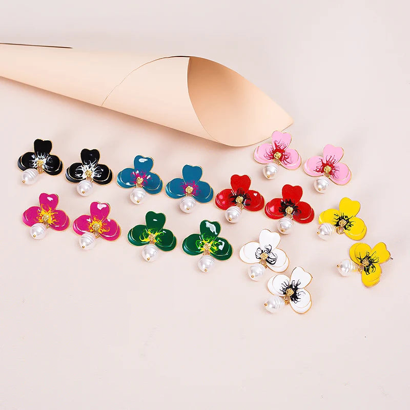 Bohemian Pearl White Red Flower Earrings Multicolor Enamel Flower Drop Earrings Women Jewelry