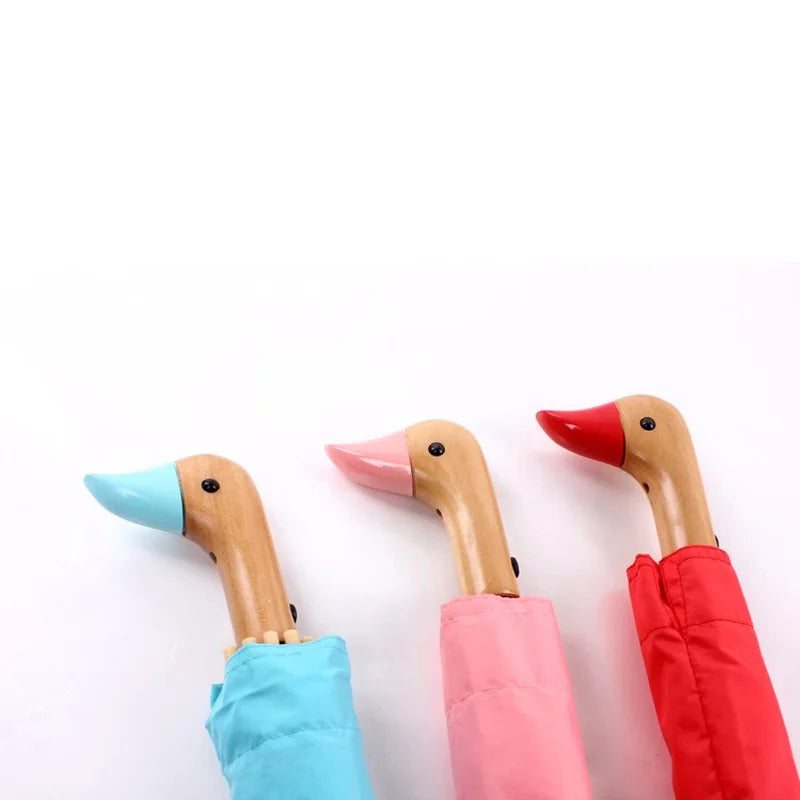 LOTUS Custom Two-Fold Children's Umbrella Wooden Duck Head Handle Modern Design Alloy Frame 190T Fabric Semi-Automatic Opening