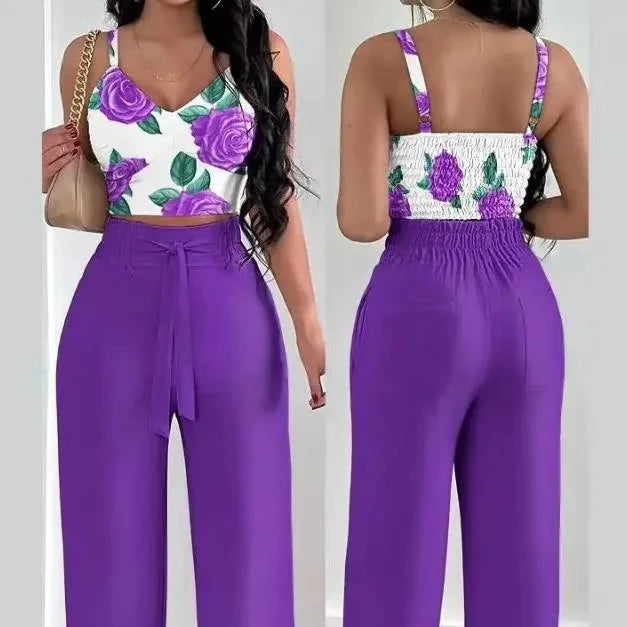 King Mcgreen Star Two Piece Womens Outfits Summer Printed Suspenders V Neck Sleeveless Crop Top Casual Wide-Leg Long Pants Set