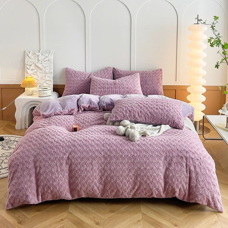 Luxury Fluffy Bedding Set Rose Faux Rabbit Fur Beddings Comforter Duvet Cover Warm Winter Velvet Duvet Cover Set