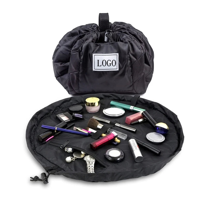 Custom Polyester Makeup Drawstring Cosmetic Bag Logo Folding Flat Lay Fashion Drawstring Bag for Daily