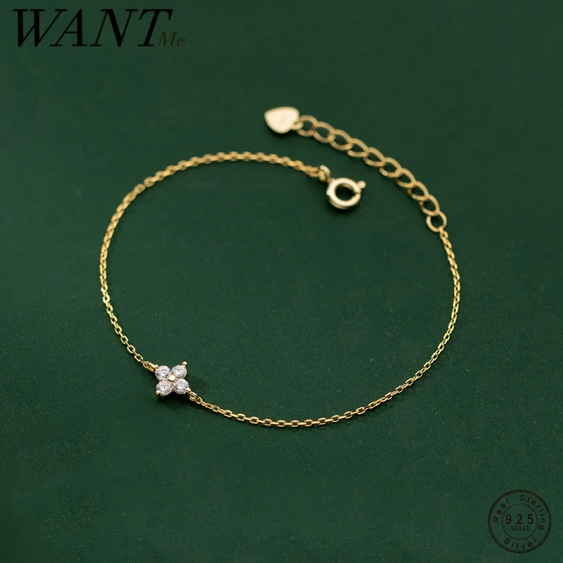 Customized 925 Sterling Silver Ladies Bracelet Trendy Romantic Party Jewelry Gold Plated Sweet Clover Flower Zircon for Gifts