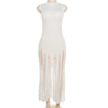 Trendy Turtle Neck Knitted Hollow Out Lady Sleeveless Elegant Slim Midi Casual Dress