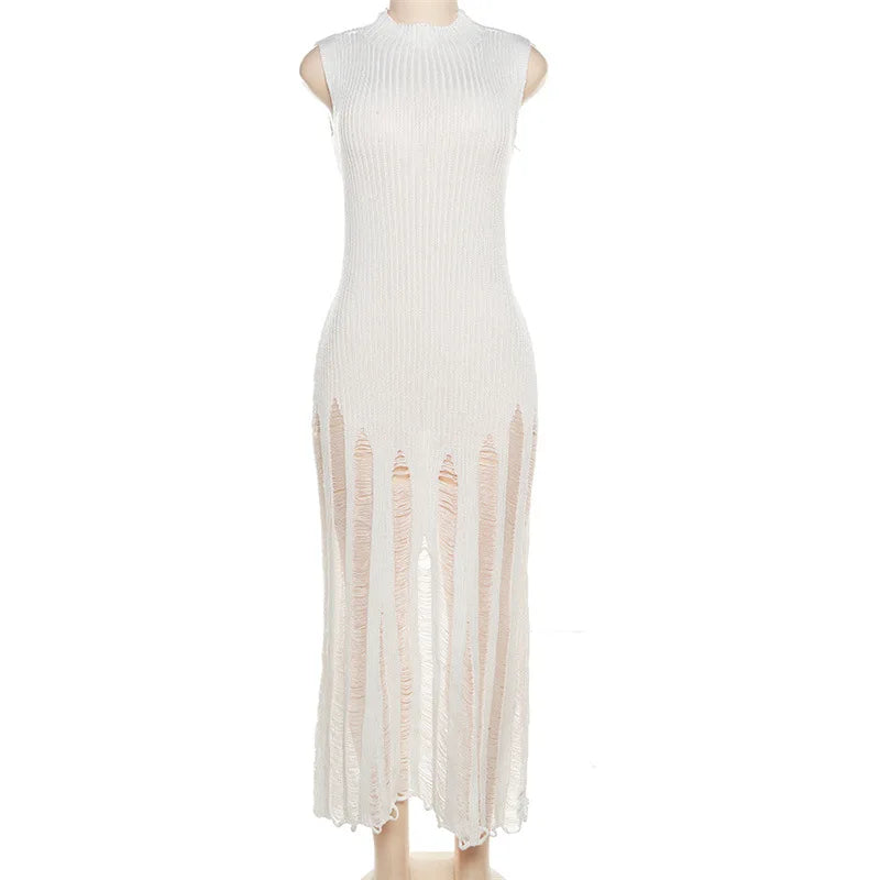 Trendy Turtle Neck Knitted Hollow Out Lady Sleeveless Elegant Slim Midi Casual Dress
