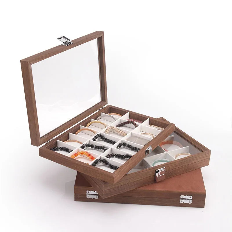 Dark Walnut Color Wood With White Leather Interior Jewelry Set Display Box Organizer Case With Glass Lid