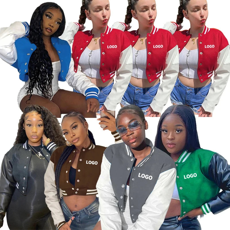 Women's 380 Gsm Baseball Fleece Cropped Jacket Long Sleeve Button Stand Collar PU Leather Custom Logo Printing for Autumn