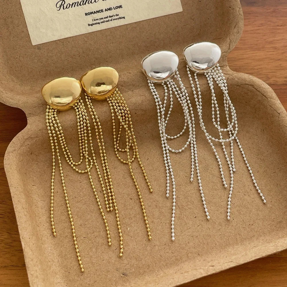 Wholesale Hammered Metal Beaded Tassel Earrings Gold Silver Plated Long Fringe Drop Earrings Trendy Statement Jewelry