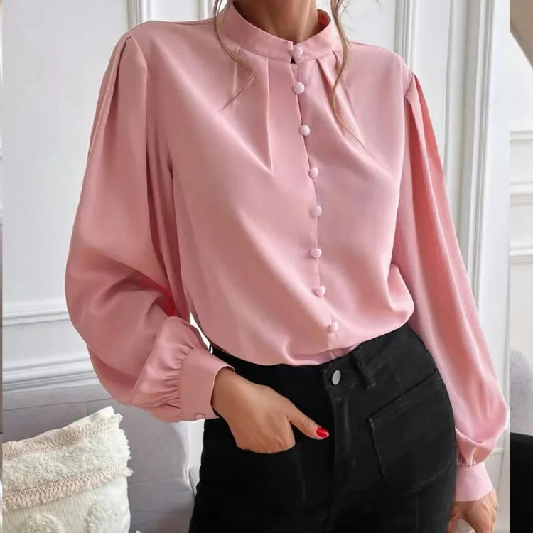 S-XXL New Elegant Solid Color Lapel Shirt Long Sleeved Single Row Button Loose Women's Top