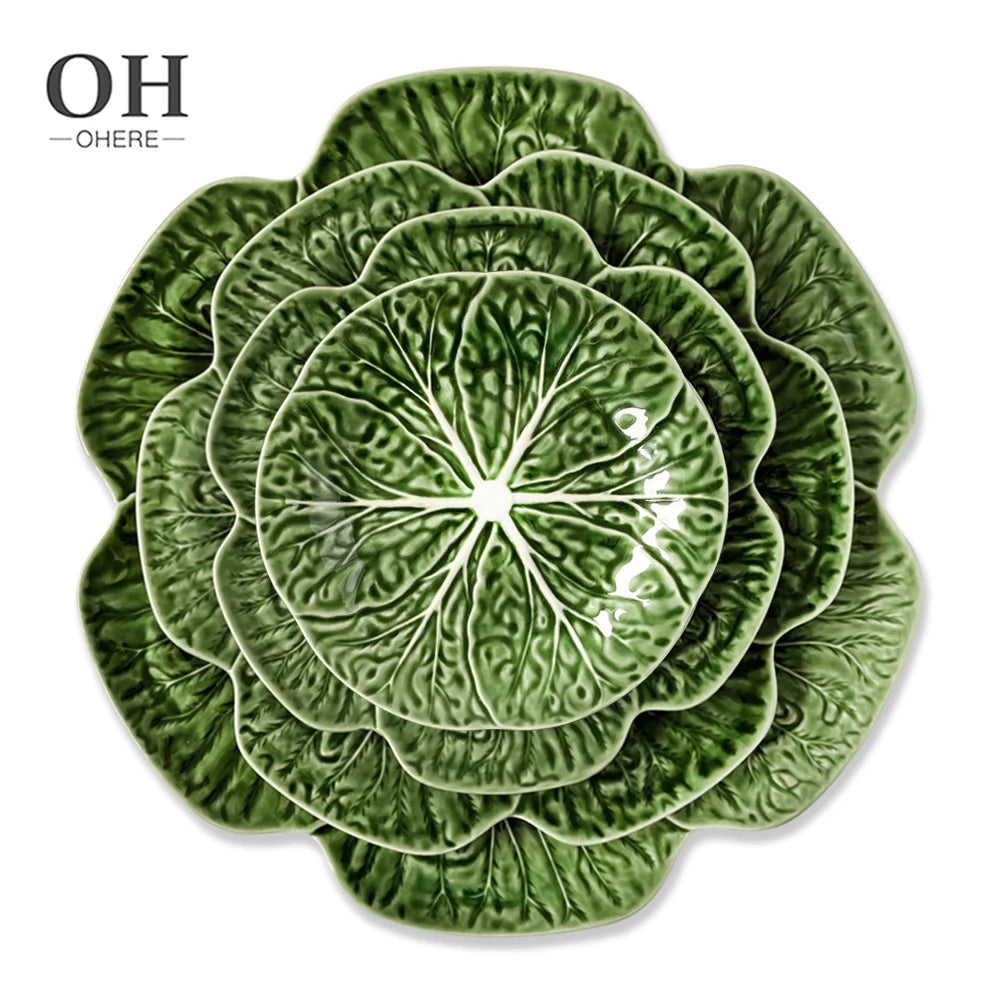 Ohere Luxury Handmade Green Cabbage Charger Plate Dinnerware Set Tableware Ceramic Side Plate for Weddings&Rentals& Events