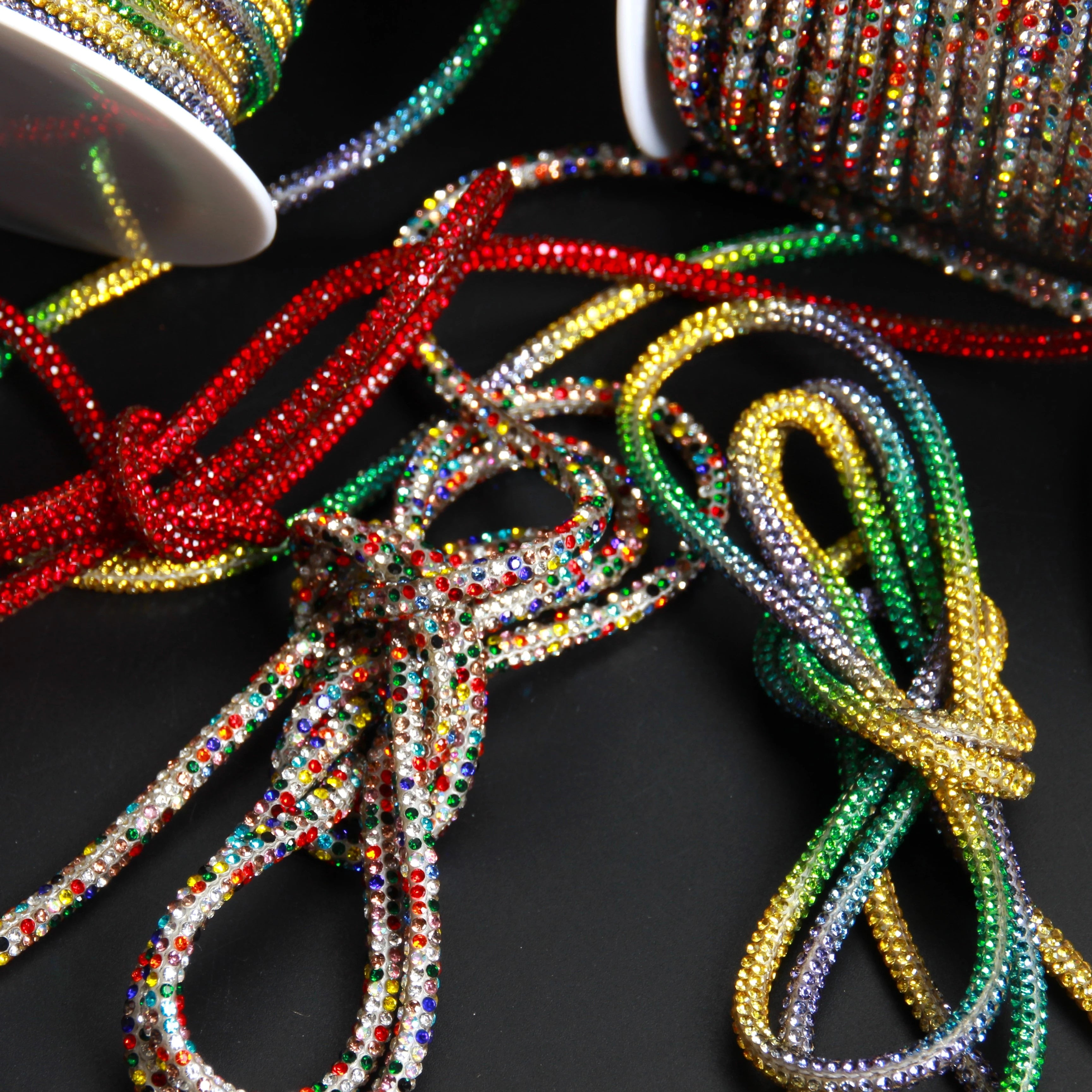 Full Diamond 4mm 6 Rows Rhinestone Drawstring Multiple Colors Flatback Style Sweatshirt Straps Bag and Garment Shoelaces