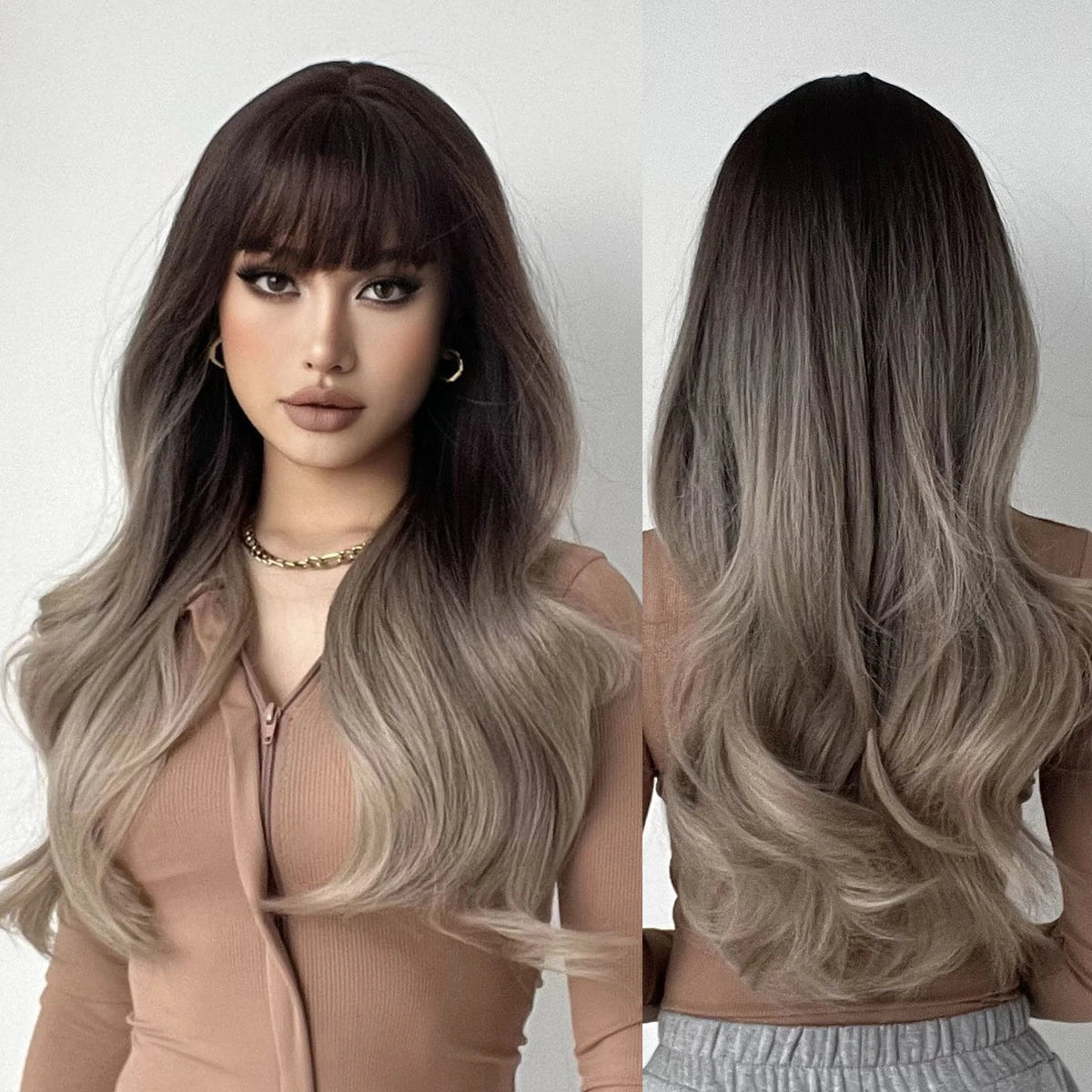 Wigs Wholesale Synthetic Long Wavy Wig Ombre Brown for Women Daily Wigs Heat Resistant Fiber Bangs Hair
