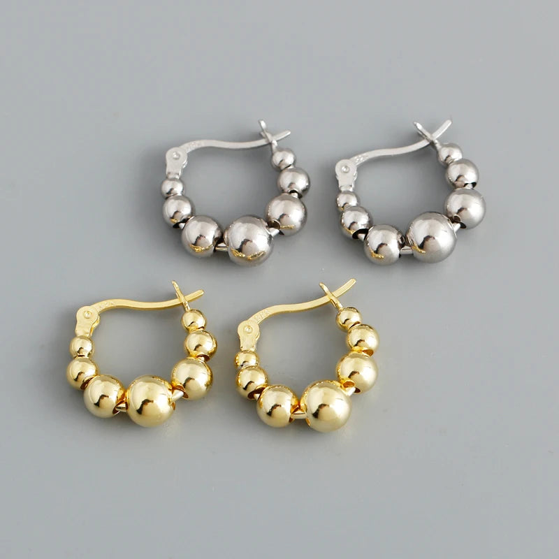 2024 NEW INS 925 Sterling Silver Plain Chic Ball Bead Plain Silver Big Hoop Earring for Women
