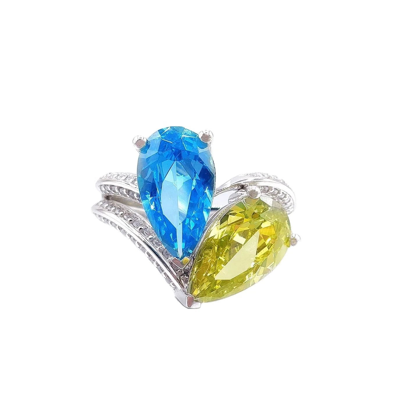 Fancy Platinum PT950 Engagement Wedding Ring New Design Big Stone Pear Cut for Swiss Blue Topaz Peridot for Women Rhodium Partie