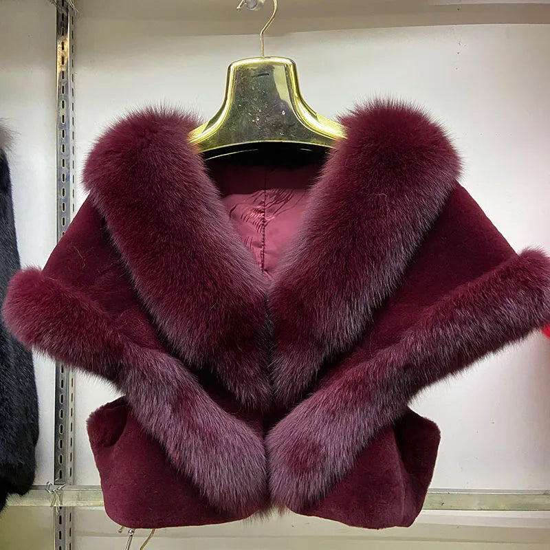 MWfur Fur Coat Short Women Fashion Luxury Fox Fur Trimmed Rex Rabbit Cape for Women