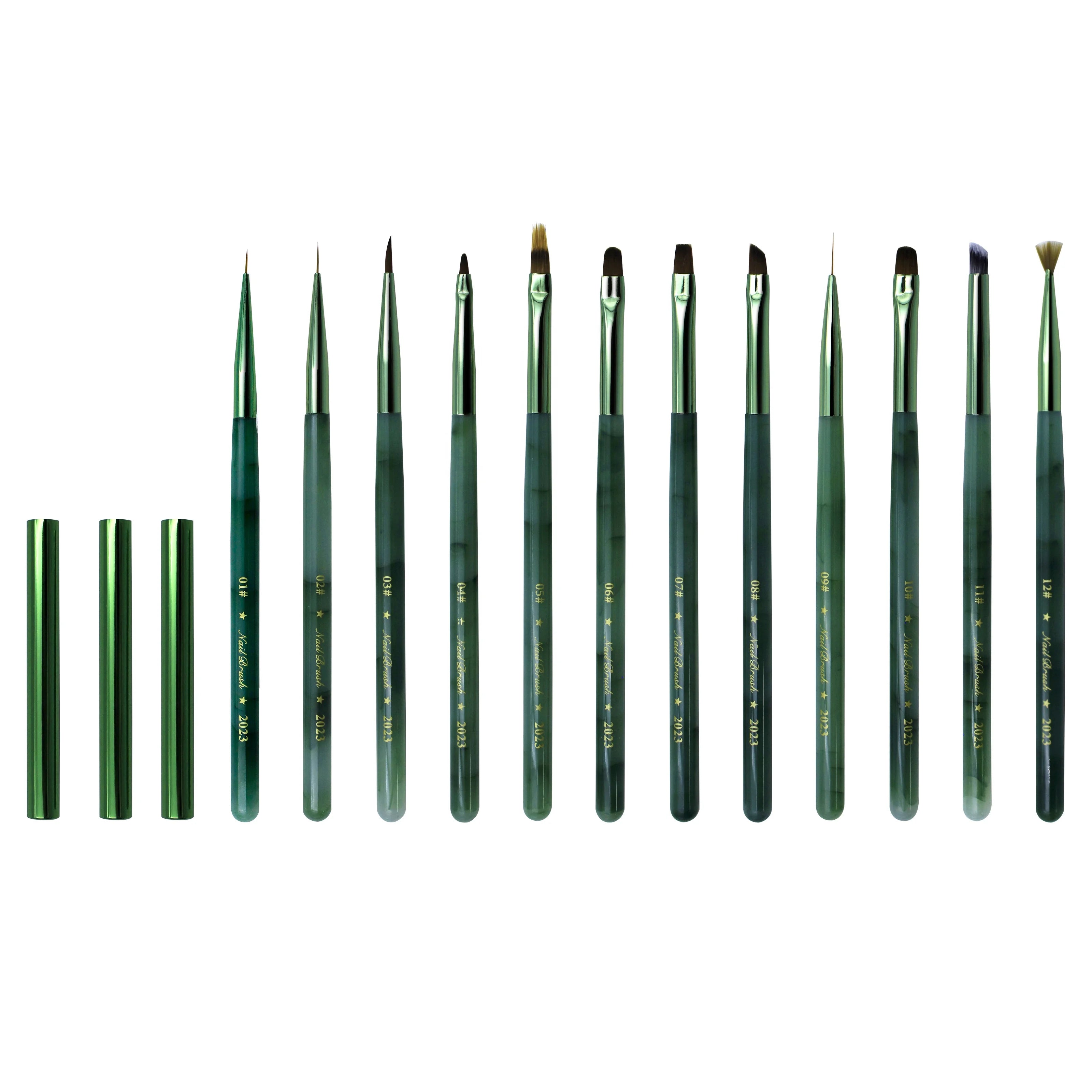 Wholesale 12pcs/set Green Jade Acrylic Handle Design Nail Art Painting Drawing Pen with Lid Custom Logo Nail Pinceles for Gel
