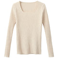 Women's Casual Long-Sleeved Slim Solid Color Striped Pullover Sweater Autumn Winter Square Collar Knitted Sweater