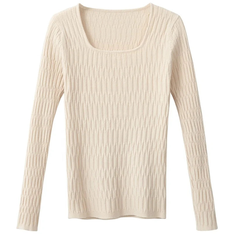 Women's Casual Long-Sleeved Slim Solid Color Striped Pullover Sweater Autumn Winter Square Collar Knitted Sweater