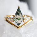 925 Sterling Silver 14K Gold Wedding Ring Natural Quartz Rings Real Green Moss Agate Kite Cut Ring Set