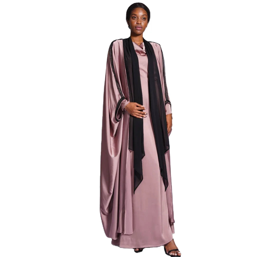 Solid Satin Large Bat Sleeve Cardigan Lace Shoulder Sleeve Loose Overlay Dubai Abaya Uk Islamic Clothing Abaya Friperie