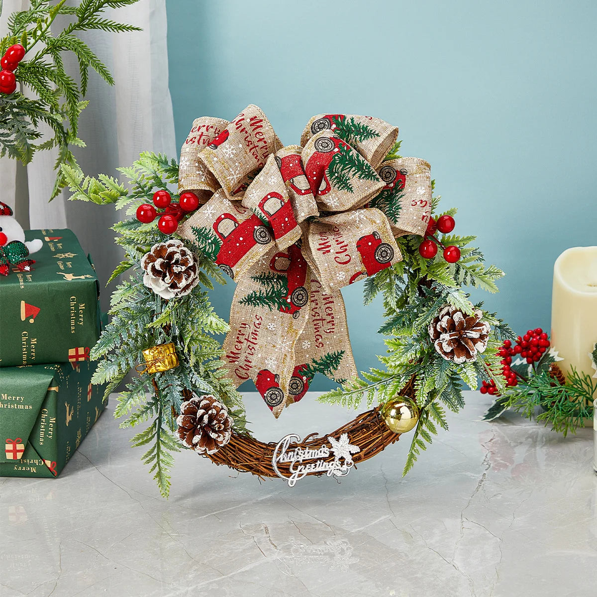 2026 Christmas Red  Hemp Wreath Antique Bell Ring Garden Vine Wreath Door Hanging Decorations