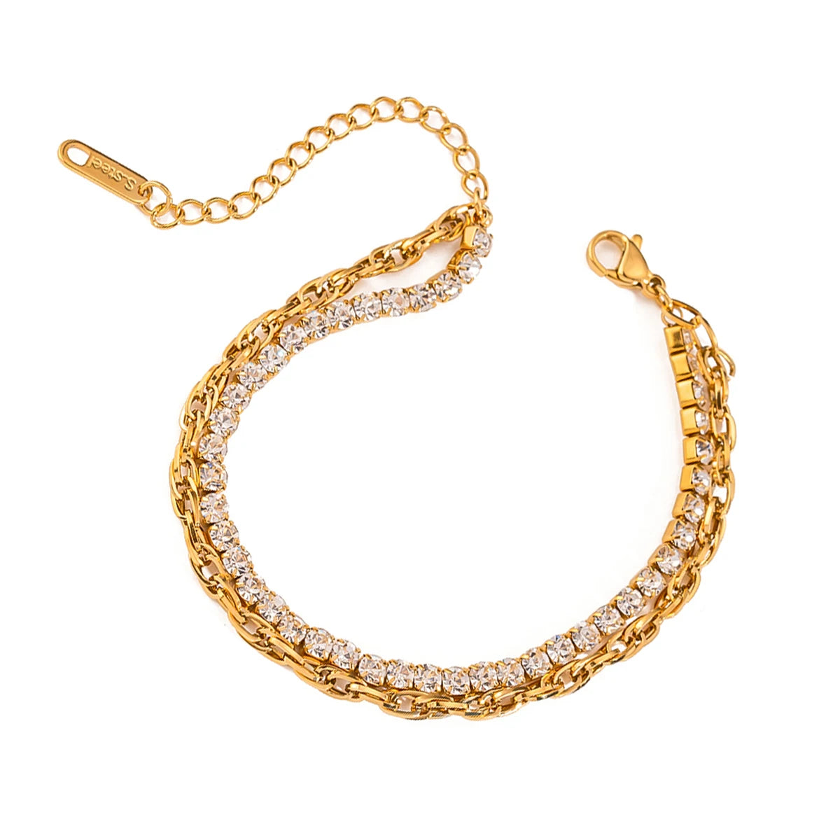 J&D Dainty Jewelry 18k Gold Plated Stainless Steel Double Layer Rhinestones Claw Chains Layered Bracelet for Girls