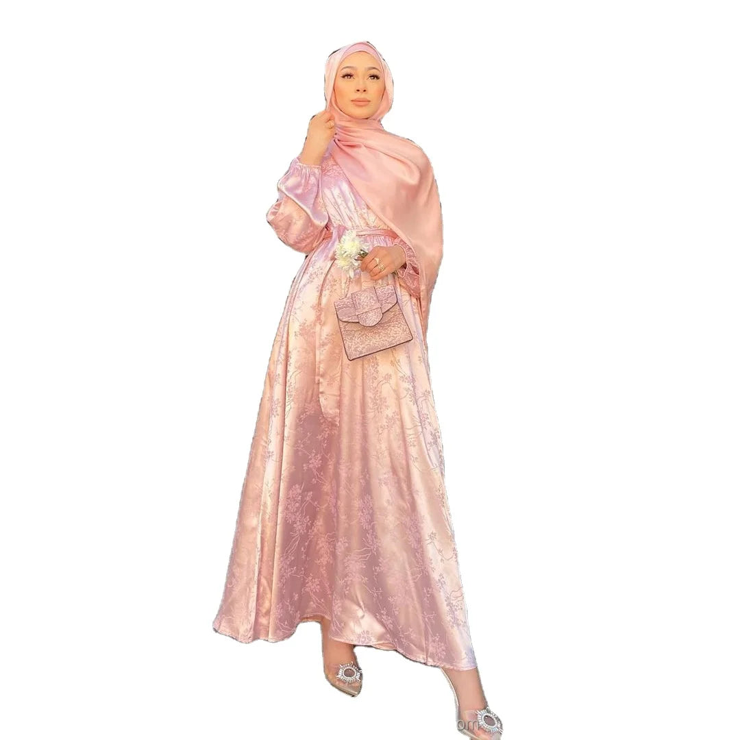 2022 Modest Fashion Women's Satin Abaya Dubai Maxi Dress Kaftan for Summer Islamic Arab Robe