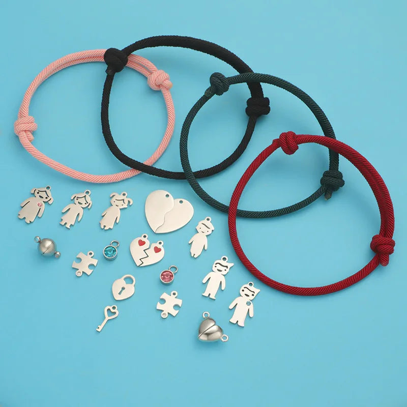 Wholesale Adjustable Handmade Braided Milan Rope Bracelets Creative DIY Custom Multi-type Stainless Steel Charm Couple Bracelets
