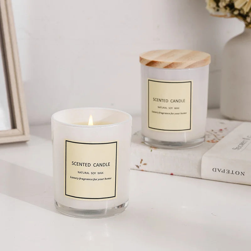 Luxury Handmade Ribbon Gift Box Vegan White Glass Jars Scented Soy Wax Candle Wooden Lids Home Decoration Holiday Ramadan