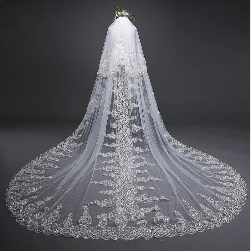 LUOXIN Customized Wide New Soft Mesh Sequined Lace Large Cathedral Weeding Bridal Veils