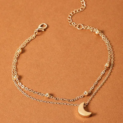 HOVANCI 2020 Trendy Double Layer Gold Color Chain Ankle Bracelet Simple Half Moon Pendant Anklet for Women